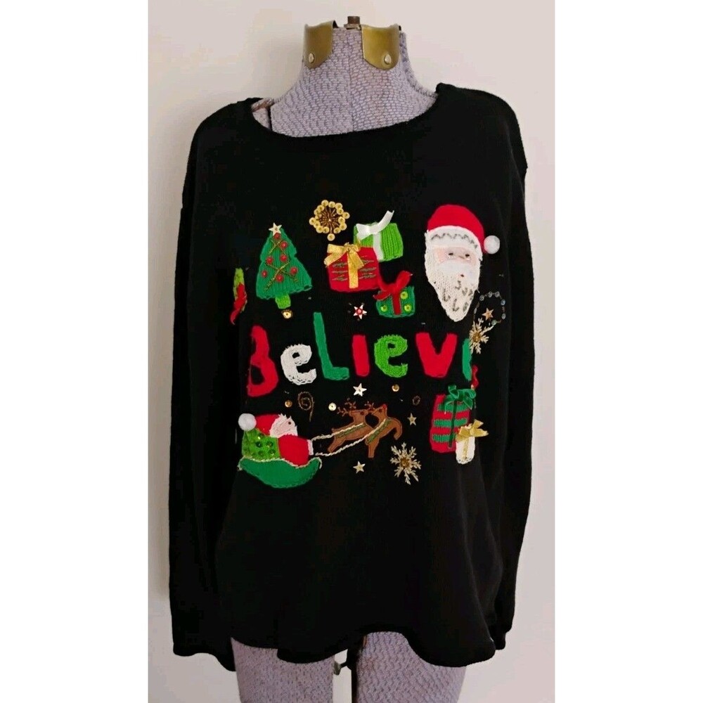 Vtg Tiara International Christmas Sweater Women's XL Believe Santa Reindeer New